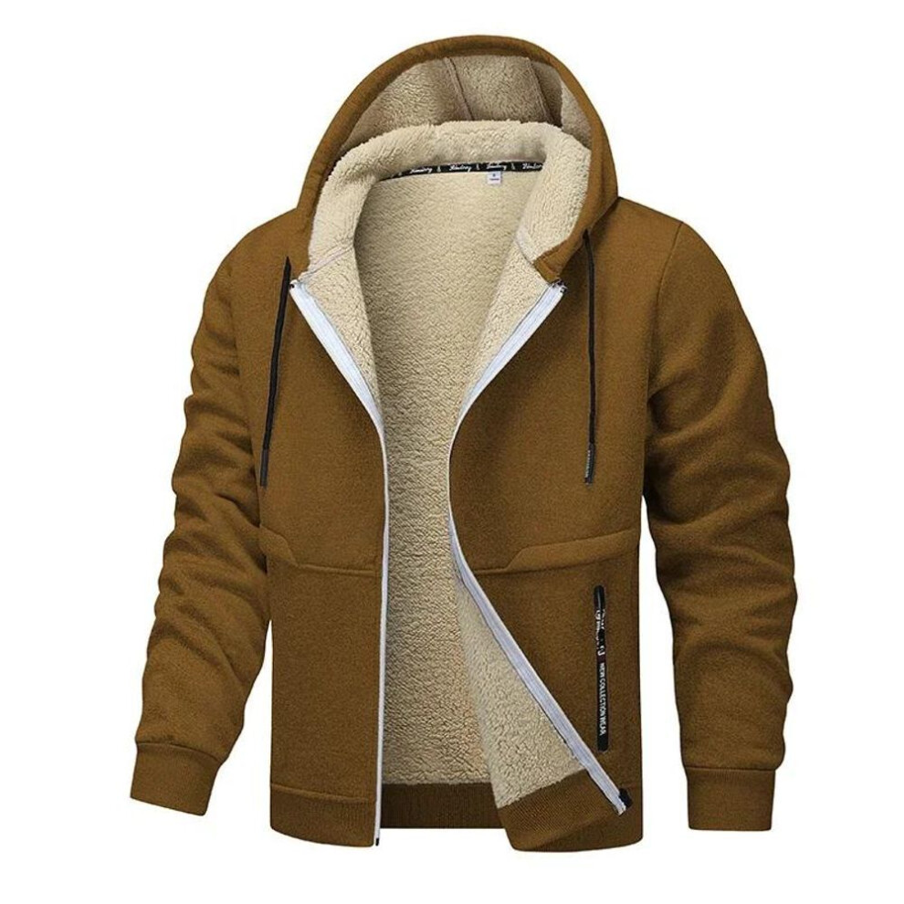 (brown, XXXL) Winter Lambswool Zipper Hoodies Thicken Warm Jacket Men Long Sleeve Sweatshirts Casual Sports Fleece Coats Hooded Man Jackets