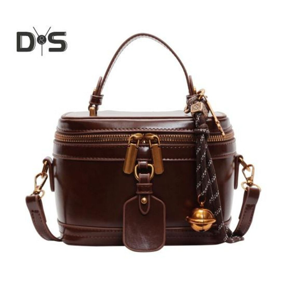 (brown) Crossbody Bag Bucket Shape Faux Leather Bell Rope Decor Handbag Vintage Zipper Closure Smooth Surface Shoulder Bag For Work Party Travel