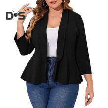(black, 4XL) Plus Size Women Suit Coat Lapel Long Sleeve Ruffle Hem Open Front Suit Jacket Solid Color Versatile Business Outerwear