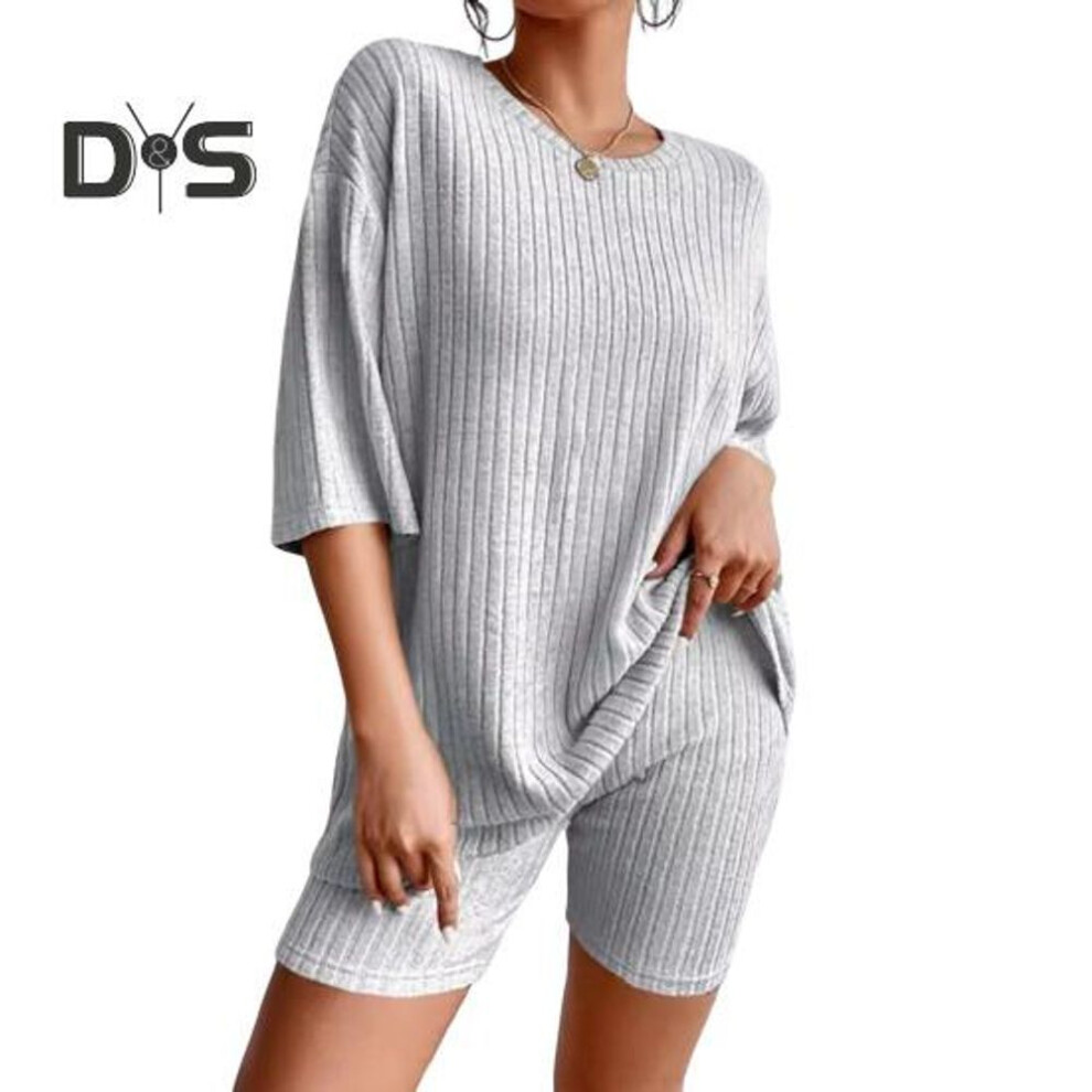 (grey, L) 2 Pcs/set Women Summer Tracksuit Round Neck Short Sleeves Thin Top American Style High Waist Shorts Set Sport Outfit Summer Yoga Clothes