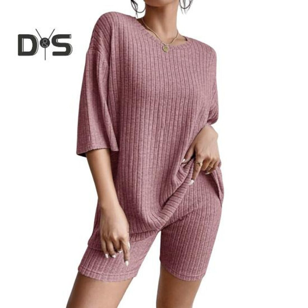 (brick red, L) 2 Pcs/Set Women Summer Tracksuit Round Neck Short Sleeves Thin Top American Style High Waist Shorts Set Sport Outfit Summer Yoga Clothes