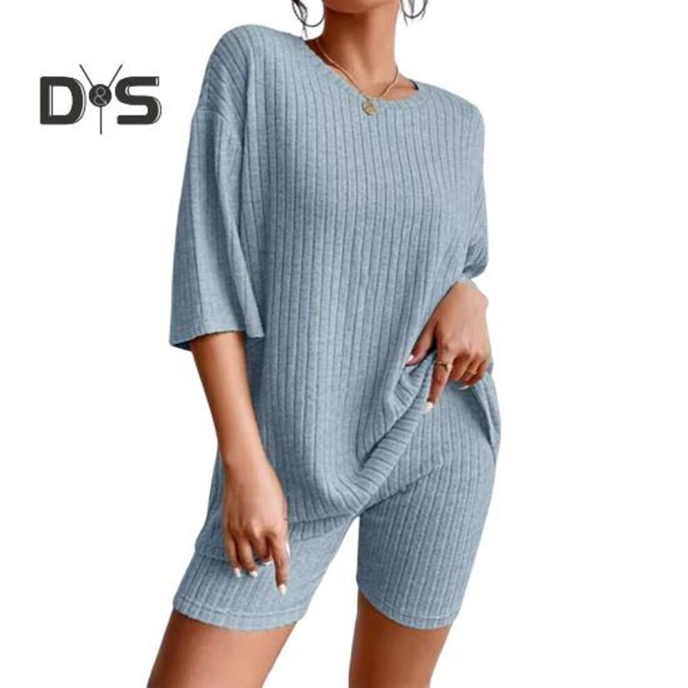 (blue, S) 2 Pcs/set Women Summer Tracksuit Round Neck Short Sleeves Thin Top American Style High Waist Shorts Set Sport Outfit Summer Yoga Clothes