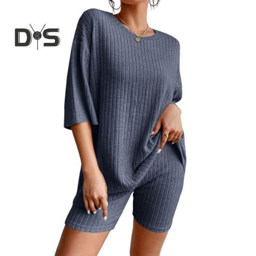 (navy blue, M) 2 Pcs/Set Women Summer Tracksuit Round Neck Short Sleeves Thin Top American Style High Waist Shorts Set Sport Outfit Summer Yoga Clothes