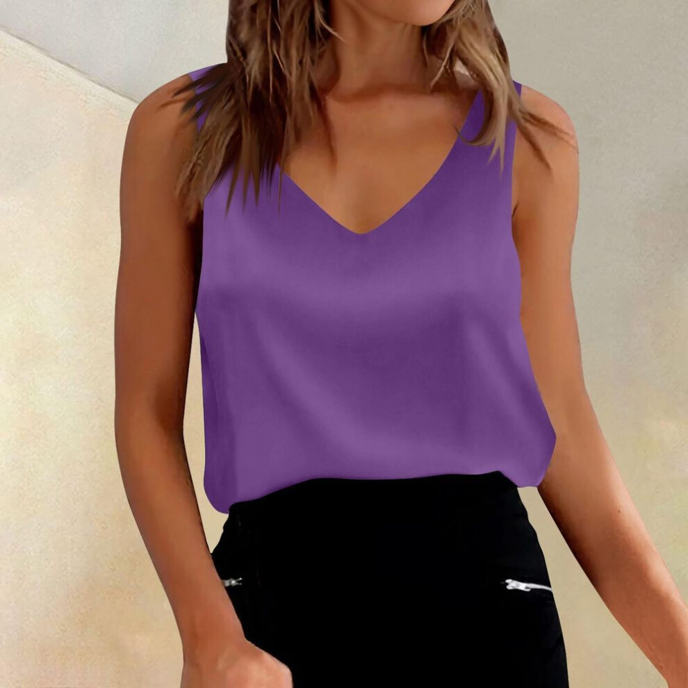 (XXL, purple) Womens Satin Tank Tops V Neck Casual Cami Sleeveless Camisole Blouses Summer Basic Tank Shirt
