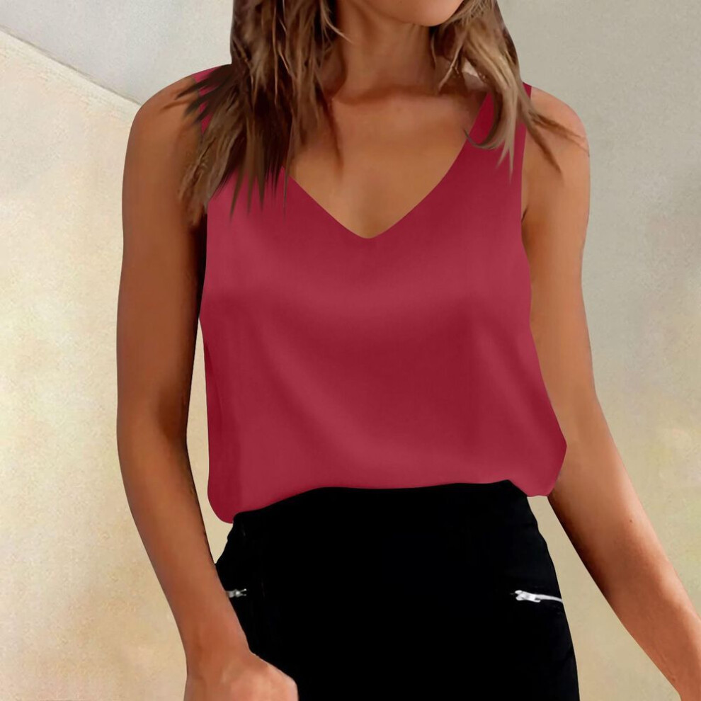 (M, red) Womens Satin Tank Tops V Neck Casual Cami Sleeveless Camisole Blouses Summer Basic Tank Shirt