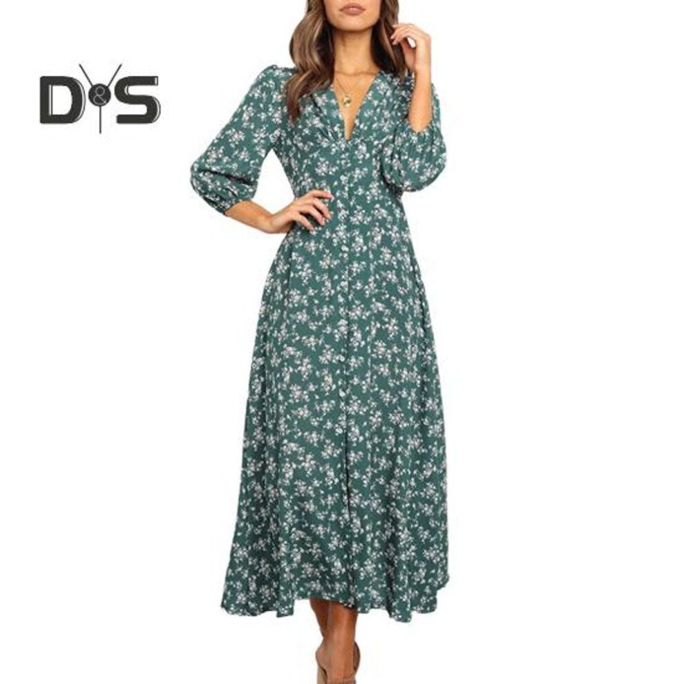 (green, M) Women's Floral Print Maxi Dress Long Sleeve V Neck High Waist Dress Casual A-line Long Dress For Parties Weddings Beach Wear