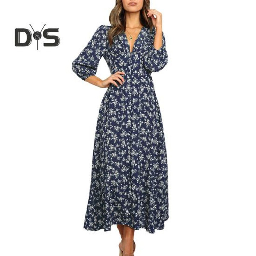 (navy blue, L) Women's Floral Print Maxi Dress Long Sleeve V Neck High Waist Dress Casual A-line Long Dress For Parties Weddings Beach Wear