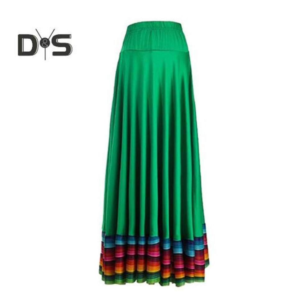 (XXXL, green) Maxi Skirt Ladies Folk Dance Skirt Elastic Waist Spanish Swing Skirt Rainbow Large Swing Hem Mexican Flamenco Performance Skirt