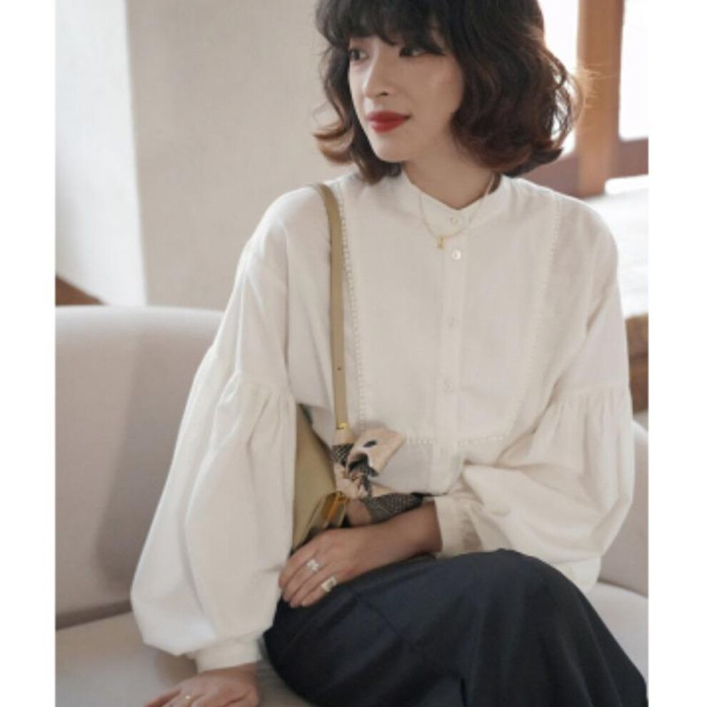 (M, white) Elegant Vintage Puff Sleeve Women's Shirts Tops New Fashion Loose Round Neck Casual White Blouses Women Button Up Slim Fit Sweet Ladies Shirt 26086