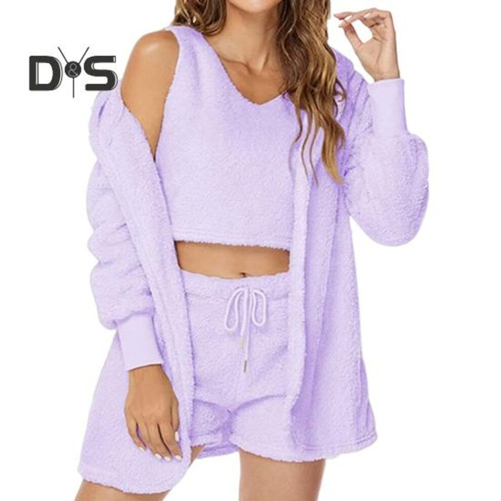 (M, purple) 3 Pcs/set Fall Winter Women Coat Vest Shorts Set Thick Plush Homewear Clothes Sleepwear Hooded Long Sleeves Open Stitch Warm Jacket Drawstring