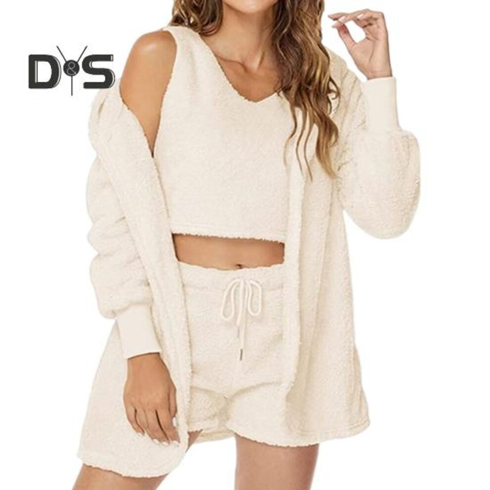 (XXXL, beige) 3 Pcs/set Fall Winter Women Coat Vest Shorts Set Thick Plush Homewear Clothes Sleepwear Hooded Long Sleeves Open Stitch Warm Jacket Drawstring