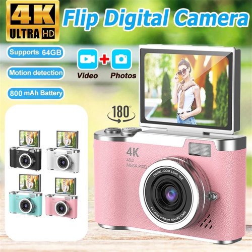 4K CCD 8X Digital Zoom Camera 180 Flip Screen Selfile Camera Pink 1