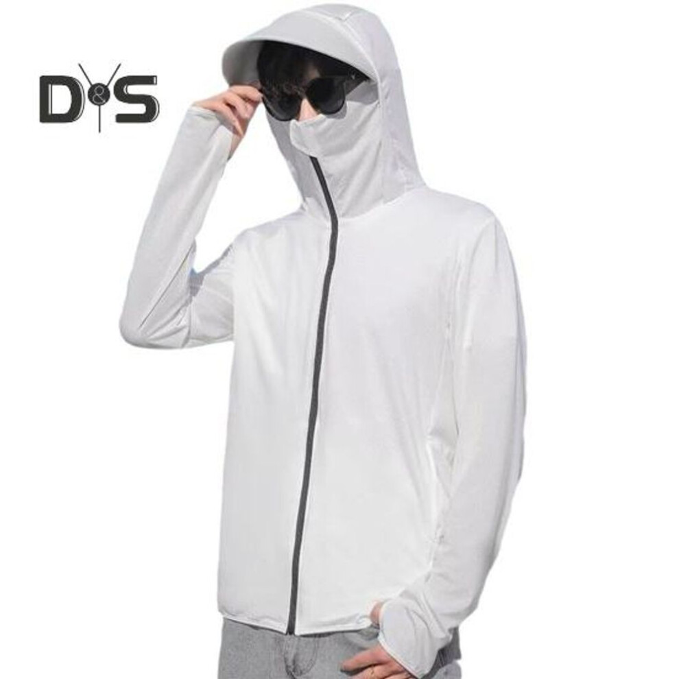 (white, 2XL) Men Summer Sunscreen Clothing Solid Color Long Sleeve Sun Protection Coat Hooded Jacket Zipper Placket Pockets Outwear