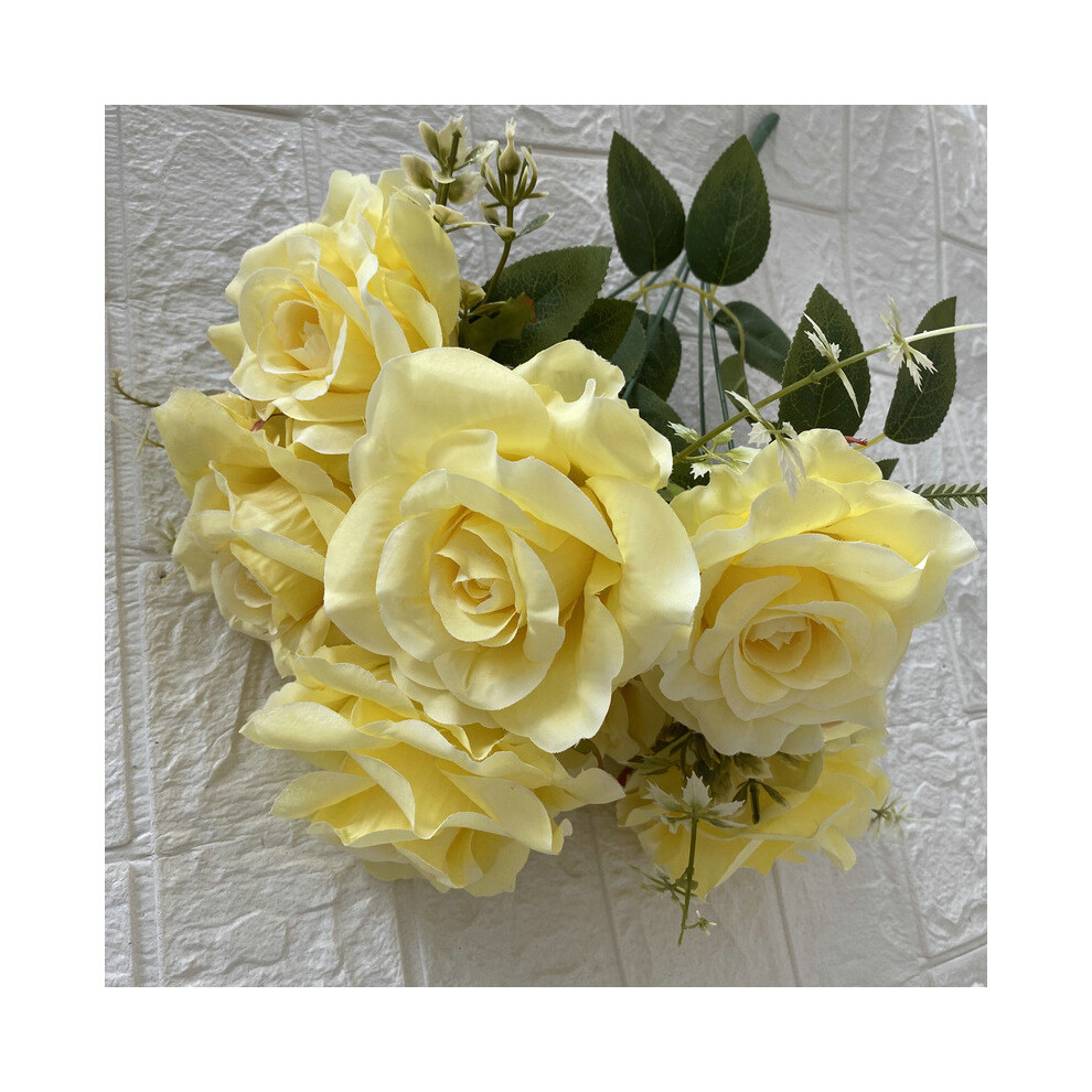 (Pale Yellow) Lifelike Bouquet Rose 7 Stems For Living Room Decorations Event And Wedding