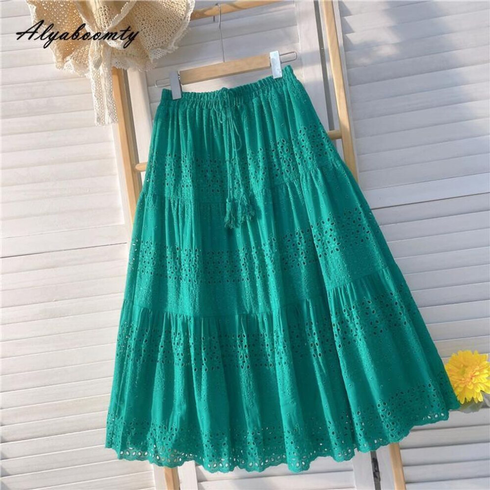 (One Size, green) Spring Summer Women Sweet Skirt High Waist Purple Green Drawstring Tassel Skirts Hollow Out Elegant Ladies' Chic Skirts