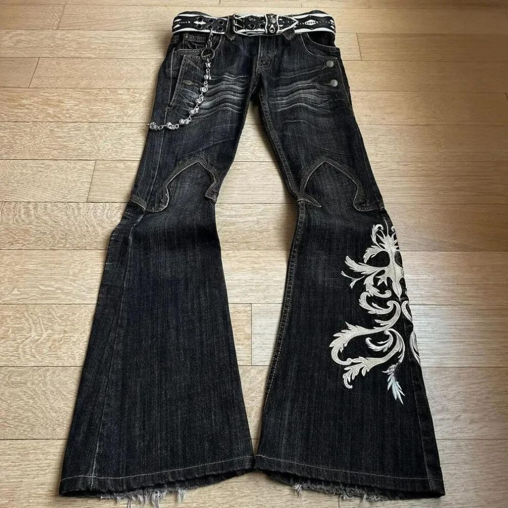 (black, XL) Y2K Street Retro Harajuku Embroidered Jeans Women's Stretch Micro Flared Pants Hot Girl Slim Straight Pants Gothic Hip Hop Pants