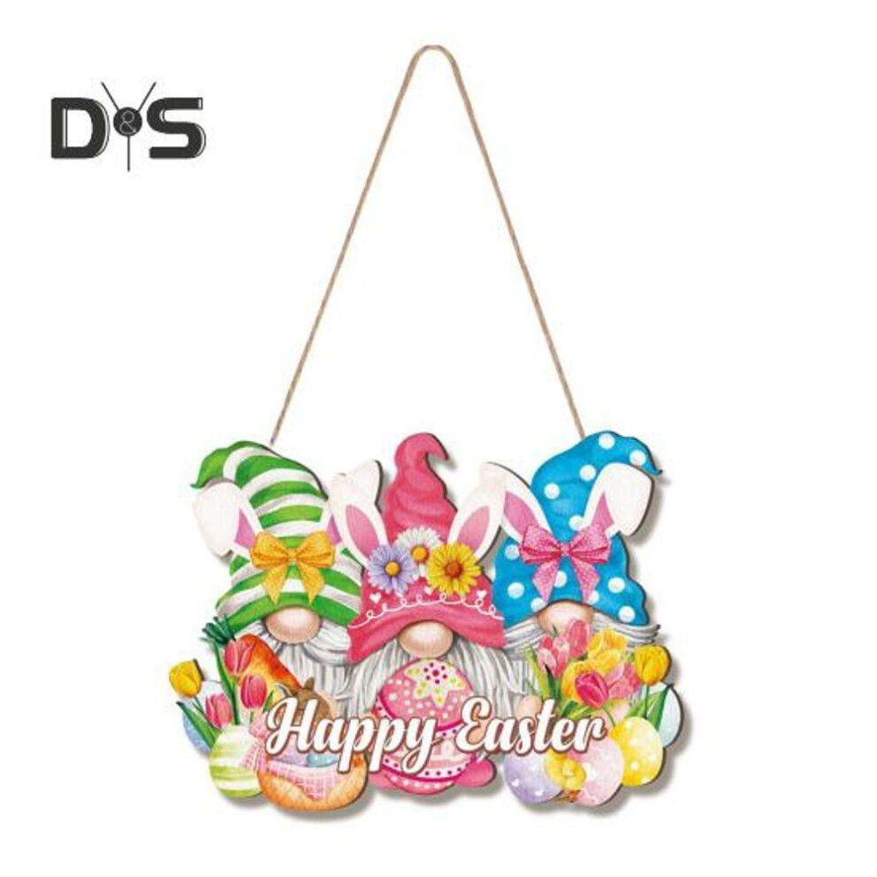 (as the picture, A) Easter Welcome Door Sign Gnome Bunny Flower Egg Door Hanging Sign Front Door Hanger Wooden Spring Holiday Decorative Wall Plaque