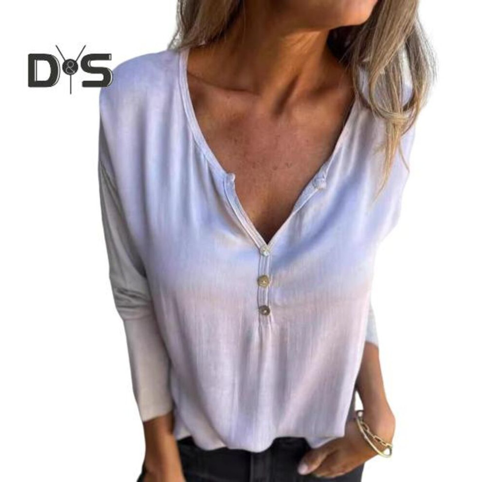 (XL, light grey) Women Tops V-Neck Buttons Half Placket Long Sleeve Loose Fit Tee Shirt Solid Color Stretchy Casual Blouse Daily Wear