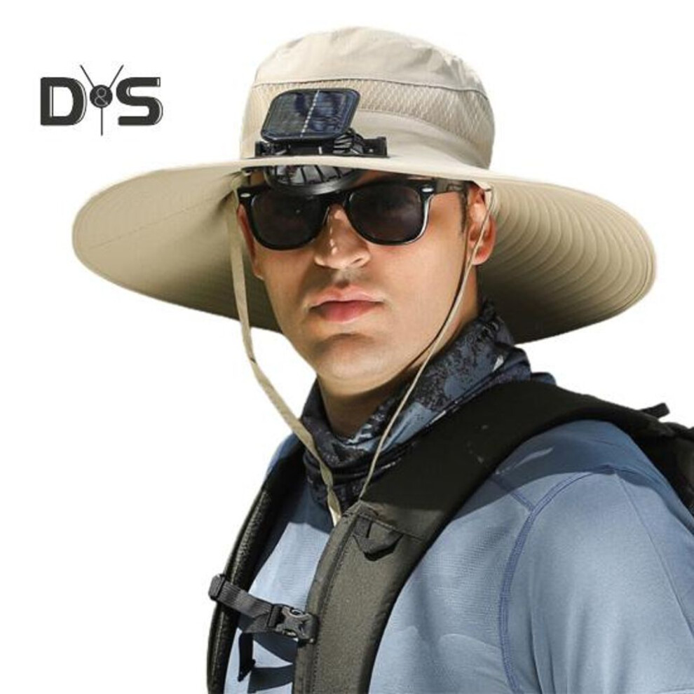 (khaki) Men Fisherman Hat with Solar Fan Large Brim Windproof Strap USB Charging Anti-UV Sunlight Protection Great Breathability Outdoor Fishing Camping