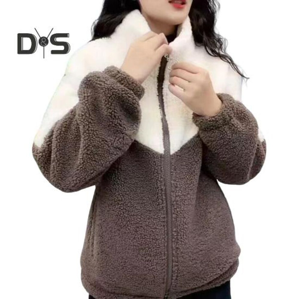 (coffee, 4XL) Women Winter Coat Stand Collar Zipper Closure Colorblock Plus Size Thick Plush Extra Warmth Long Sleeves Pockets Cardigan Outdoor Jacket