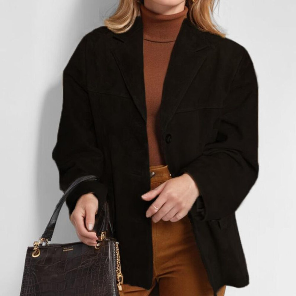 (black, L) Vintage Brown Blazer Women Suede Leather Jacket Autumn Fashion Single Breasted Lapel Loose Coats Street Office Lady Outerwears