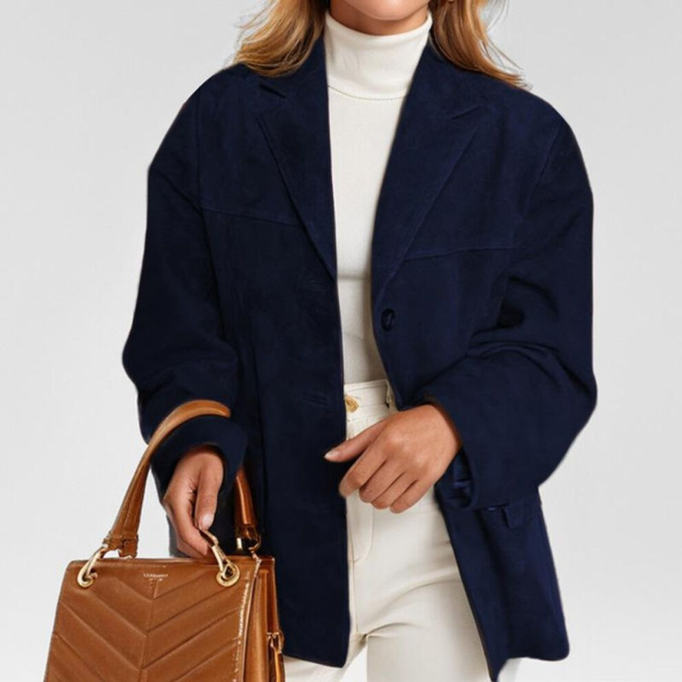 (dark blue, XXXL) Vintage Brown Blazer Women Suede Leather Jacket Autumn Fashion Single Breasted Lapel Loose Coats Street Office Lady Outerwears