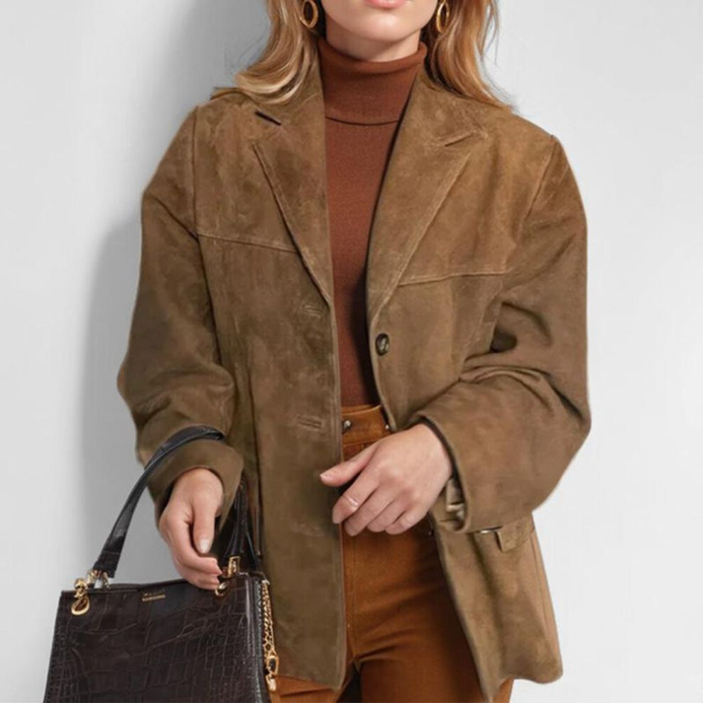 (brown, XS) Vintage Brown Blazer Women Suede Leather Jacket Autumn Fashion Single Breasted Lapel Loose Coats Street Office Lady Outerwears