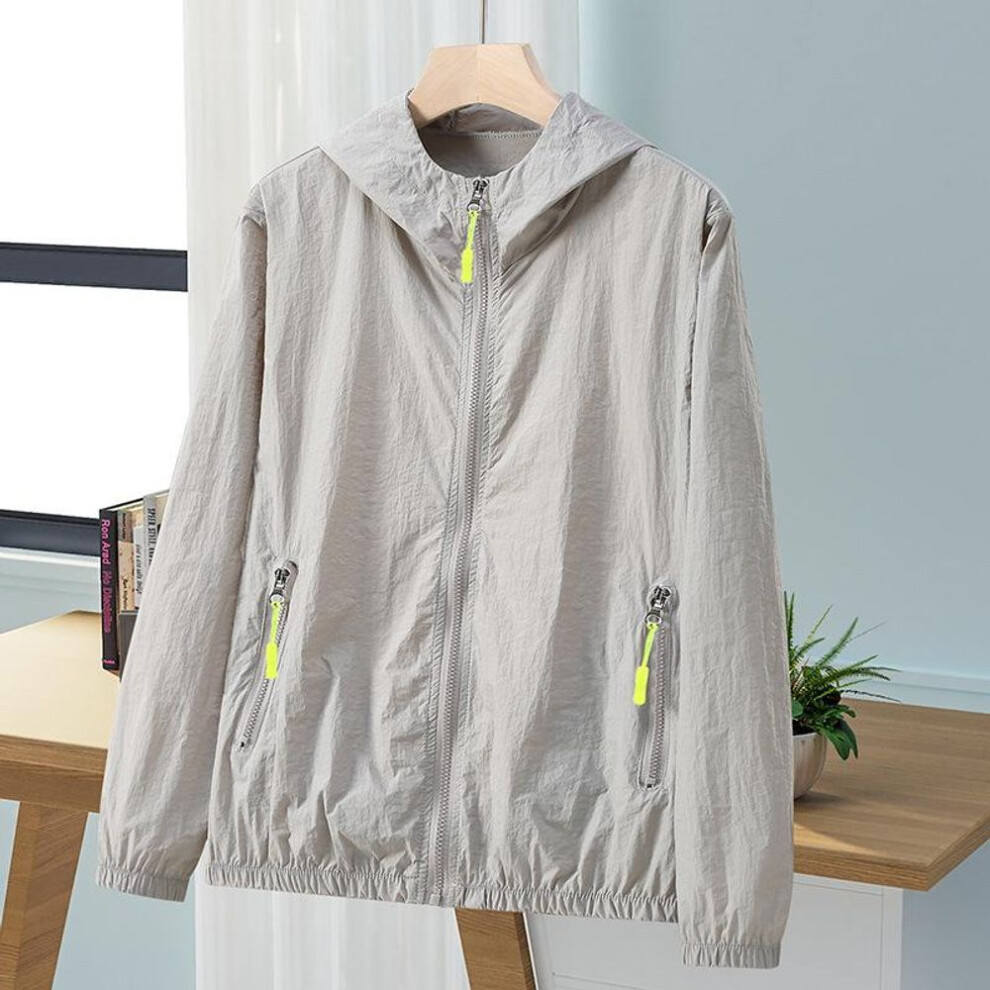 (grey, S) Summer Men Women Sun Jacket Waterproof Quick Dry Windbreaker Hooded Fishing Hunting Clothes Full Zipper Side Pockets Jacket