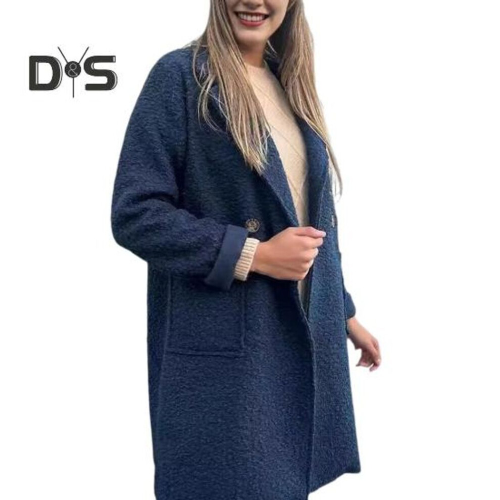(navy blue, XL) Women's Fleece Jacket Lapel Button Closure Fluffy Gown Coat Solid Color Mid-Length Plush Warm Coat for Office Parties Travel