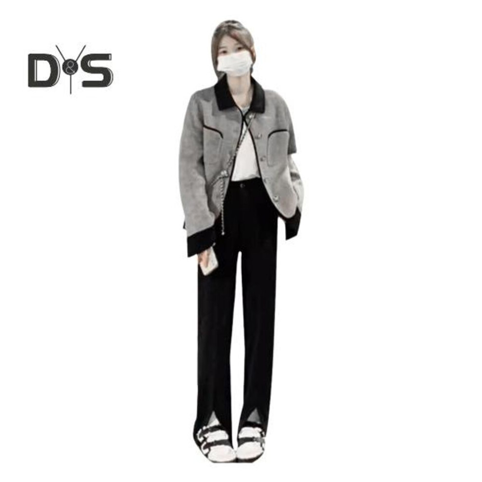 (grey, S) Women Autumn Jacket Turn-down Collar Chest Pockets Single-breasted Loose Long Sleeves OL Commute Style Cardigan Office Jacket