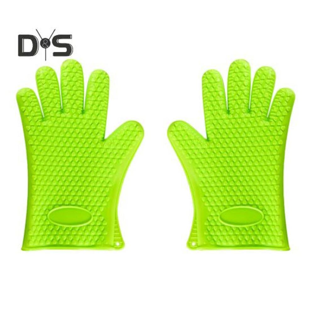 (green, M) 1 Pair Silicone Gloves Heat Resistant Oven Mitts with Quilted Liner Non-Slip Textured Grip Kitchen Gloves for BBQ Baking Cooking
