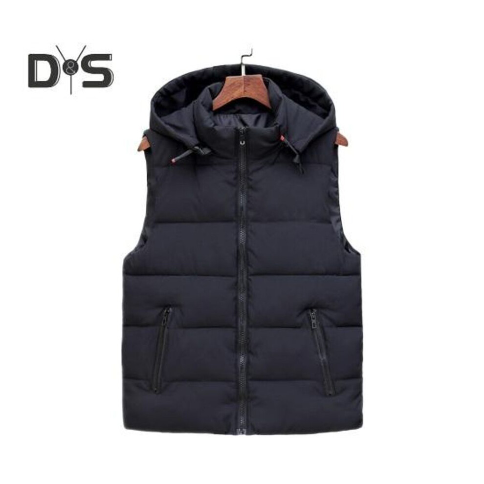 (XXXL, black) Men Waistcoat Stand Collar Hooded Sleeveless Zipper Placket Down Cotton Vest with Pockets Solid Color Thickened Vest Jacket
