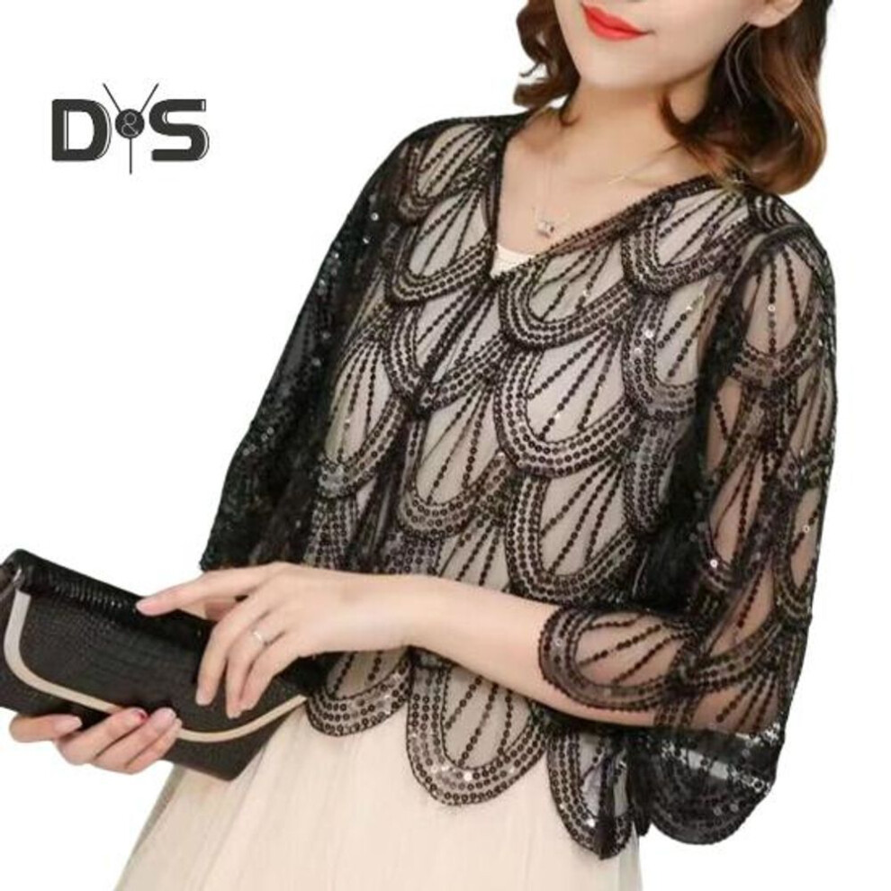 (black) Women Cardigan Sequin See-through Mesh Loose Half Sleeves Symmetric Thin V Neck Prom Formal Occasion Party Summer Outerwear Coat