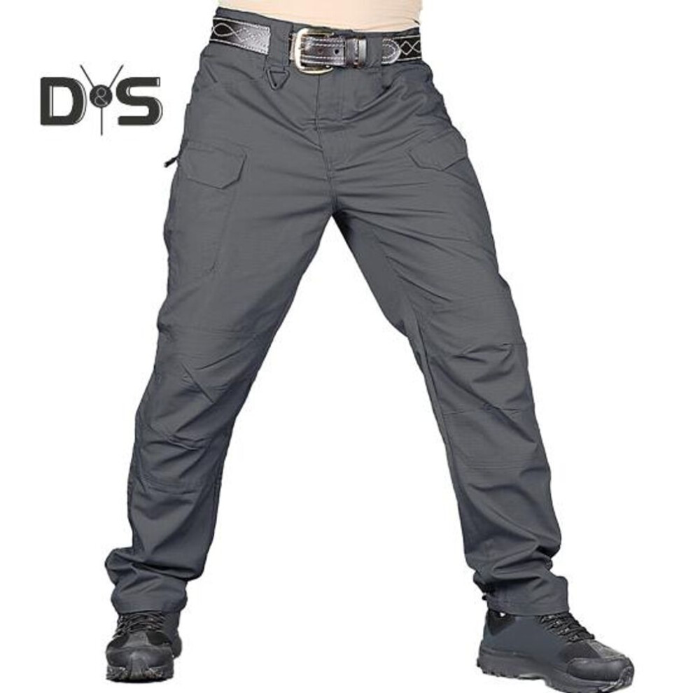 (grey, 3XL) Men Tactical Training Pants Cotton Linen Blend Multiple Pocket Urban Commuter Cargo Trousers Slim Fit Joggers For Work Exercise Outdoor Fishing