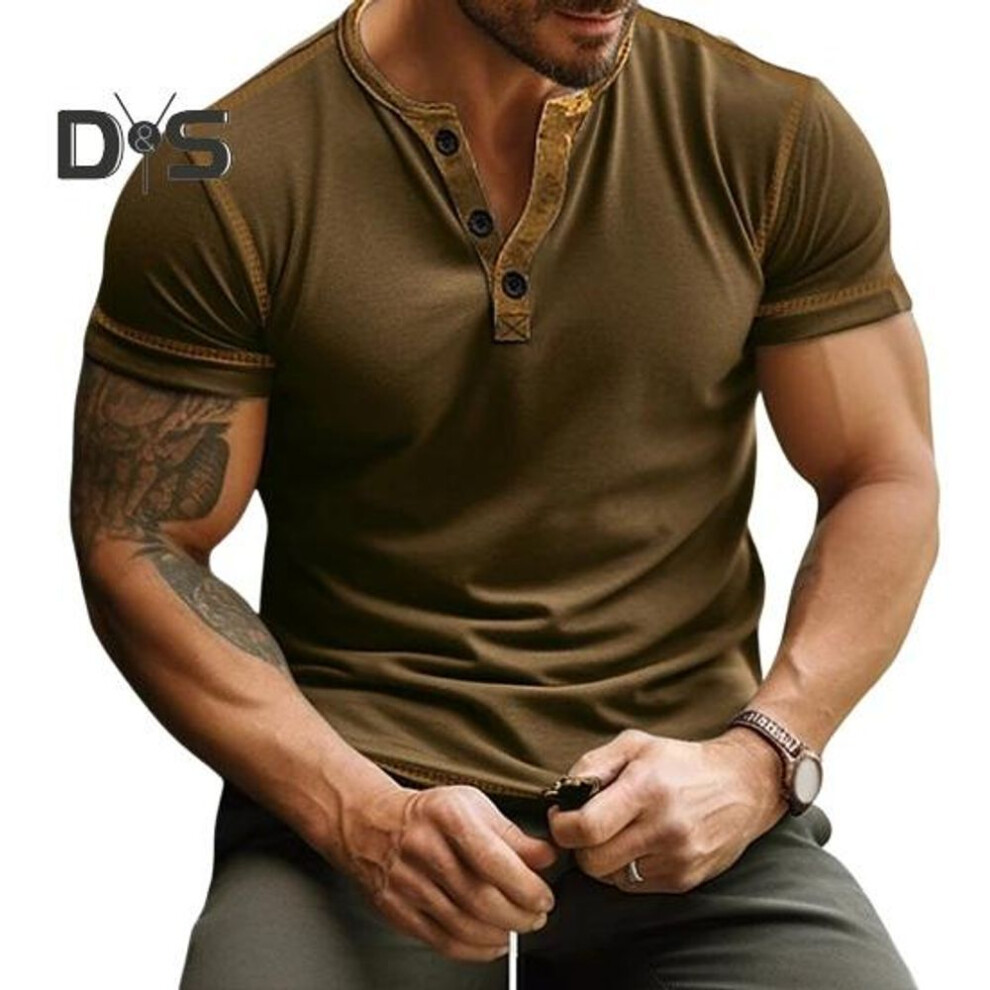 (tan, L) Men Summer T-shirt Color Matching Slim Fit Button V Neck Elastic Soft Breathable Casual Pullover Short Sleeves Mid Length Daily Top