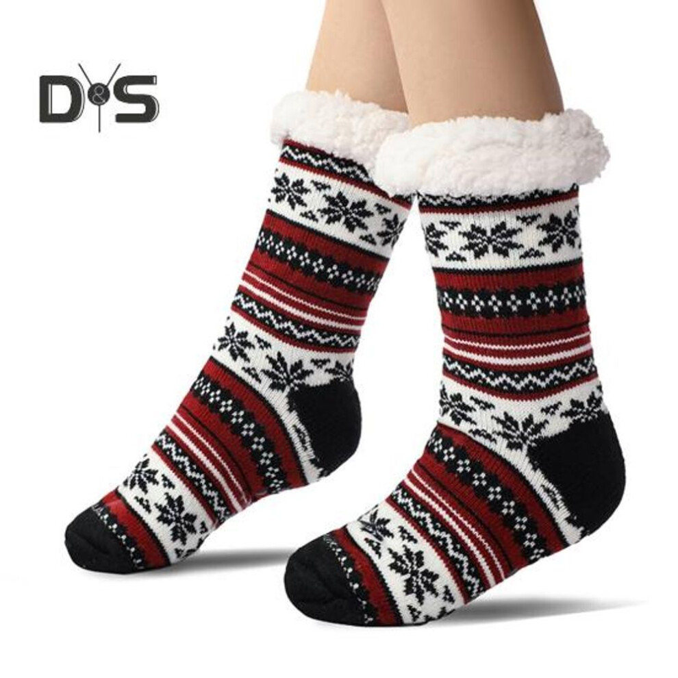(red black, 40-45) Ultra-thick Cashmere Slipper Socks Winter Warm Fuzzy Home Socks With Non-slip Silicone Grips For Women Men