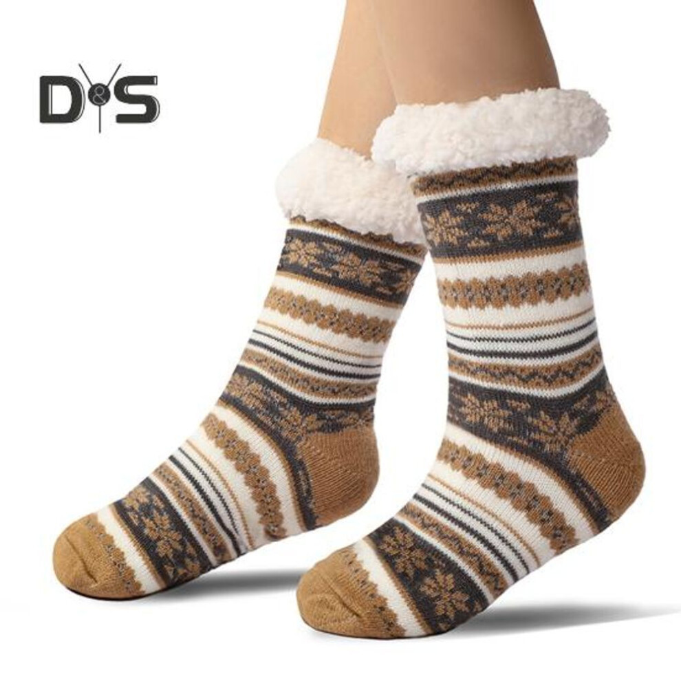 (champagne, 40-45) Ultra-thick Cashmere Slipper Socks Winter Warm Fuzzy Home Socks with Non-Slip Silicone Grips for Women Men
