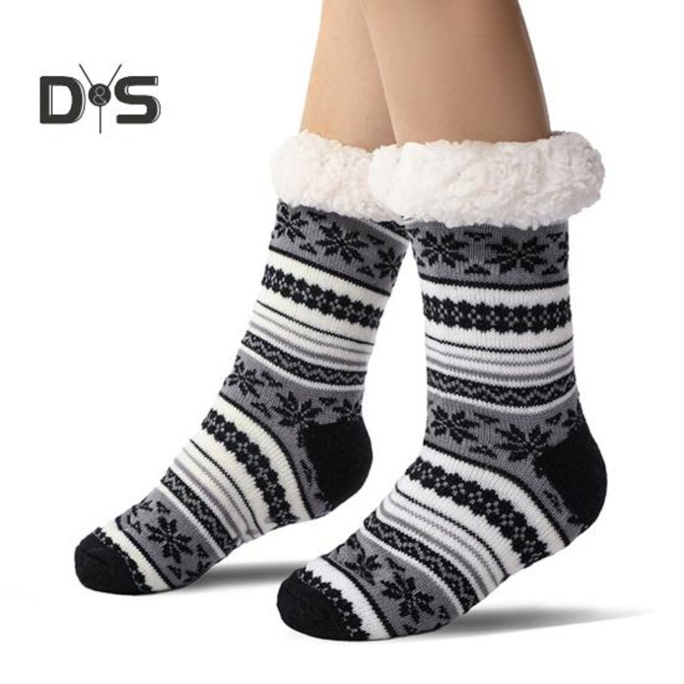 (black gray, 40-45) Ultra-thick Cashmere Slipper Socks Winter Warm Fuzzy Home Socks with Non-Slip Silicone Grips for Women Men