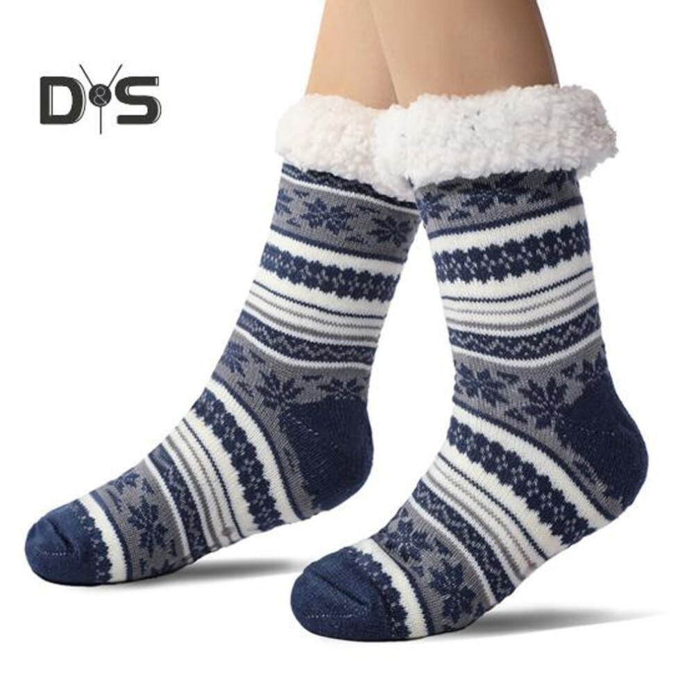 (navy blue, 40-45) Ultra-thick Cashmere Slipper Socks Winter Warm Fuzzy Home Socks With Non-slip Silicone Grips For Women Men