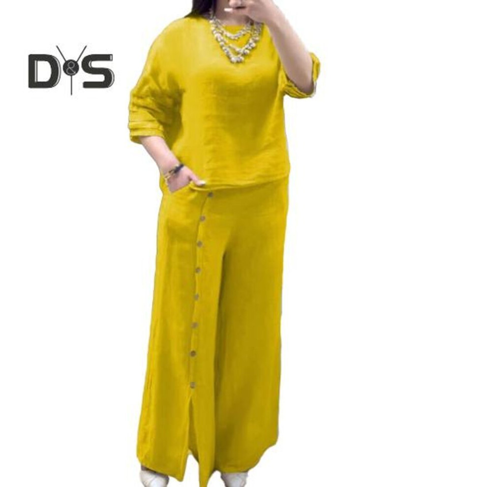 (yellow, XXL) Women's Loose Cotton Linen 2-piece Outfit Short Sleeve Top And Split Wide Leg Pants Set Summer Casual Lounge Set