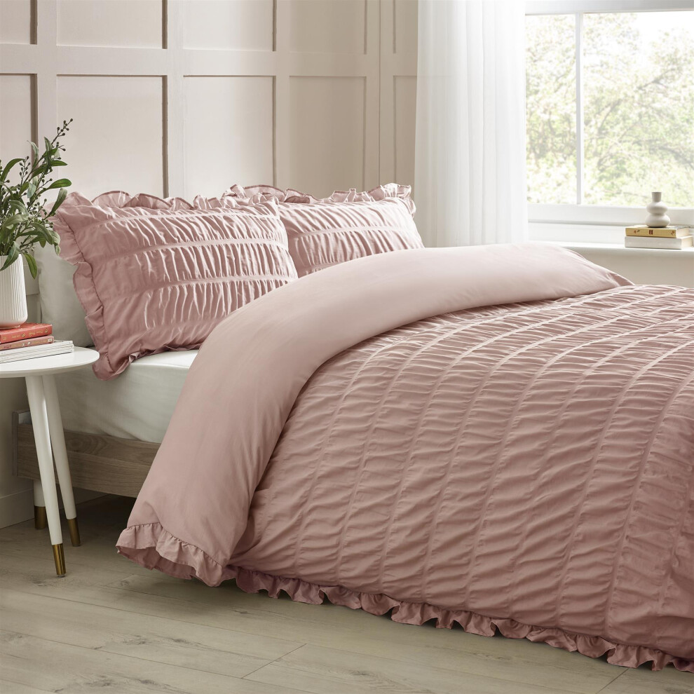 (Double, Pink) Catherine Lansfield Seersucker Frill Duvet Cover Set Bedding Bed Set 3 Colours