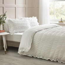 (Double, White) Catherine Lansfield Seersucker Frill Duvet Cover Set Bedding Bed Set 3 Colours