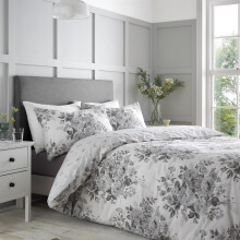 (Double, Grey) Catherine Lansfield Elinda Floral Duvet Cover Set Flowers Bedding Bed Set Grey