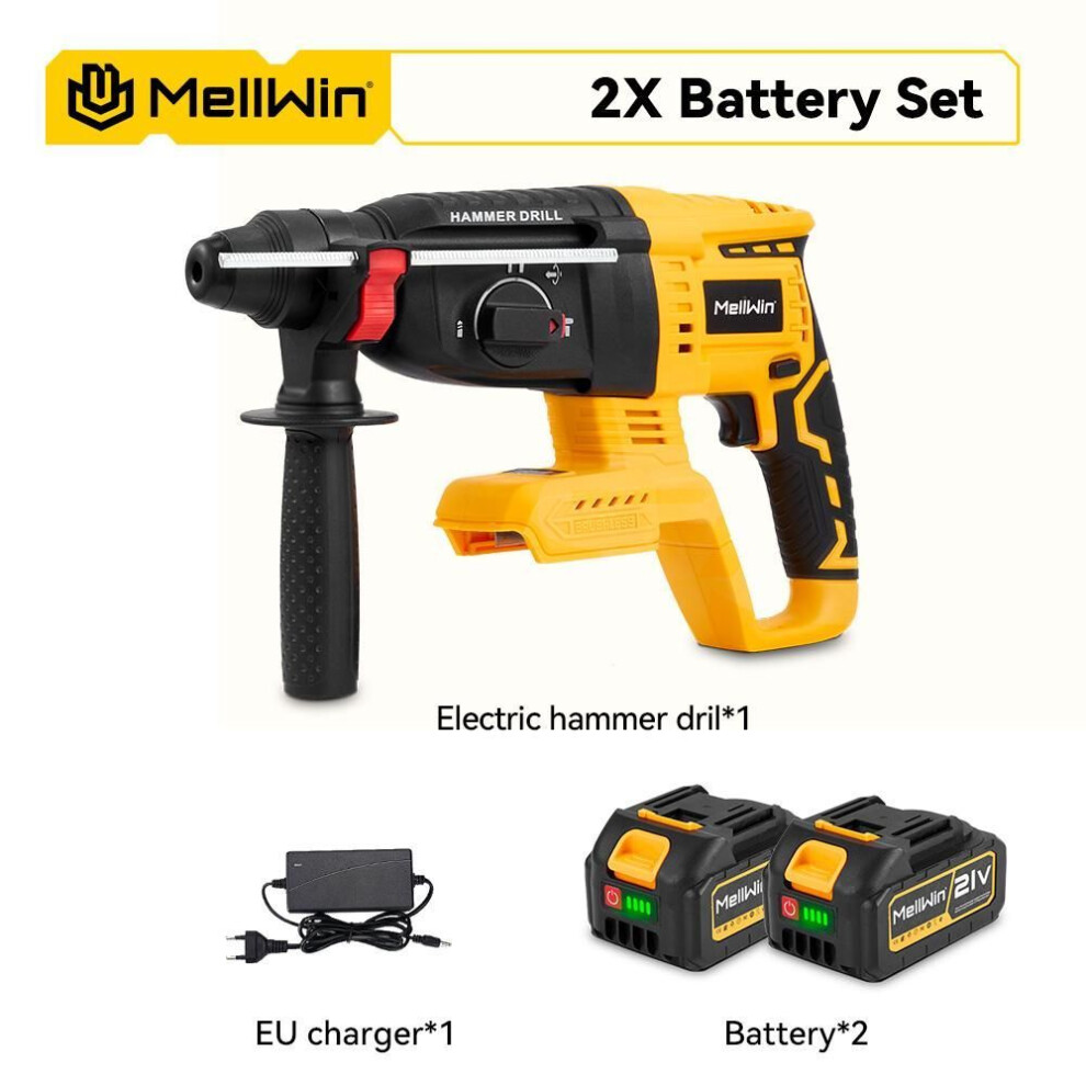 (2XBattery Set-A) 1680w 26mm Brushless Electric Hammer Drill Cordless Household Rotary Impact Hammer Power Tool For Makita 18v Battery
