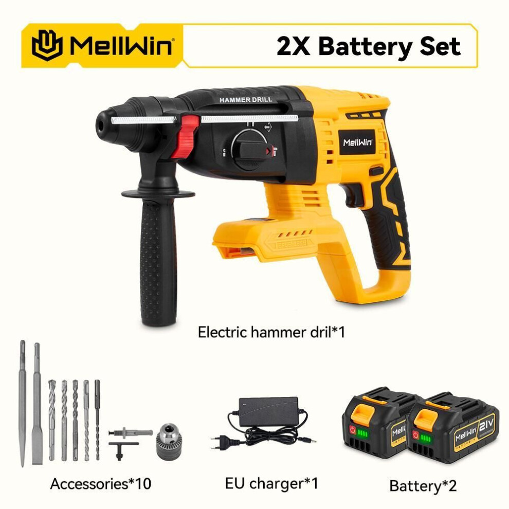 (2XBattery Set-B) 1680w 26mm Brushless Electric Hammer Drill Cordless Household Rotary Impact Hammer Power Tool For Makita 18v Battery