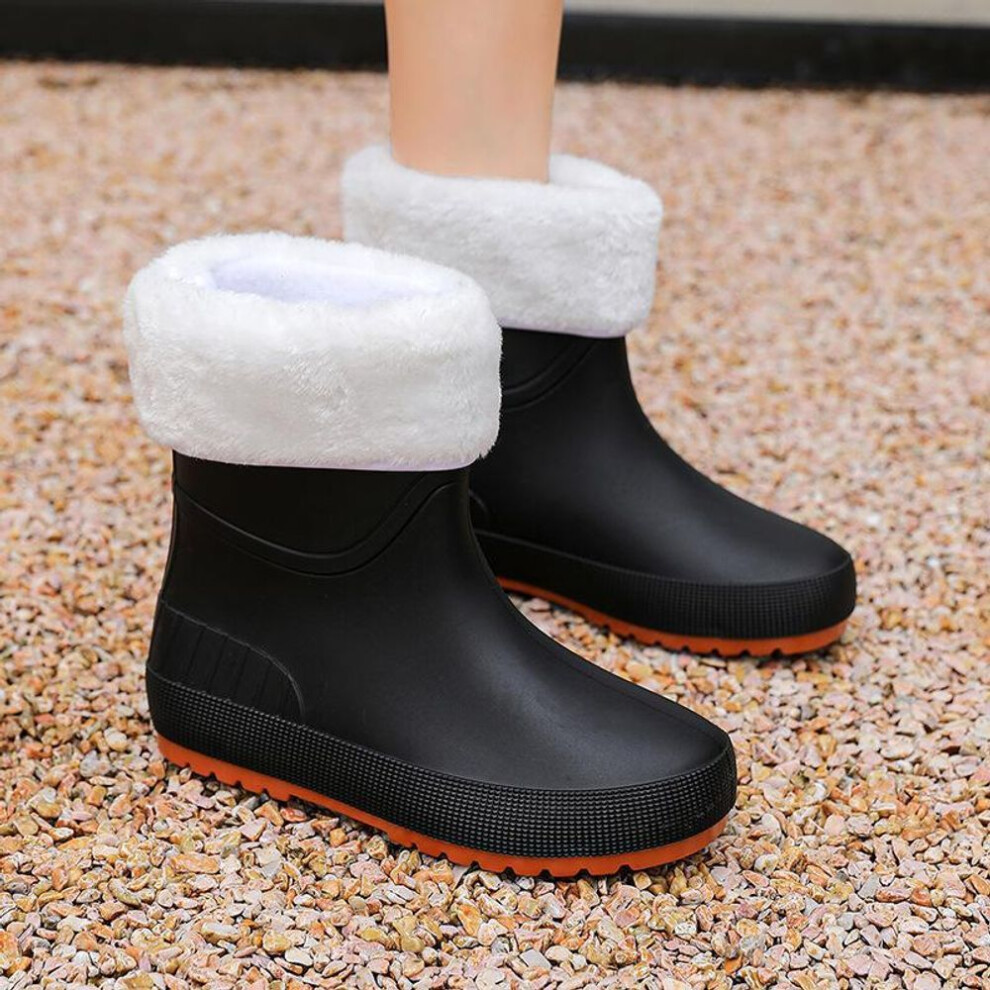 (black, 39, removable cotton) Women's Fashionable Soft-Soled Rain Boots: Velvet-Lined, Waterproof, Non-Slip, Mid-Tube Rubber Design for Winter Wear.