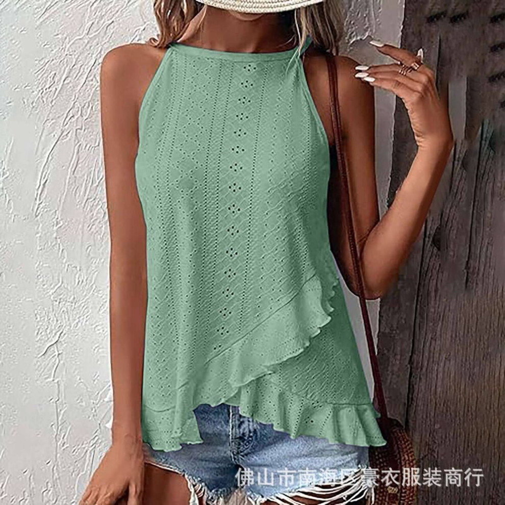 (M, light green) Summer Women's Eyelet Embroidery Ruffle Hanging Neck Sleeveless T-Shirt