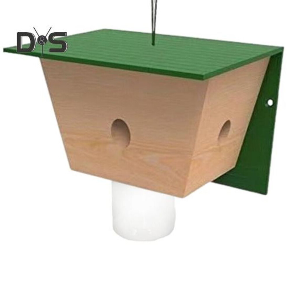 (as the picture, C) Wood House Carpenter Bee Trap With Clear Bottle Outside Natural Wood Boring Bee Trap Weather-proof Outdoor Hanging Bee Catcher