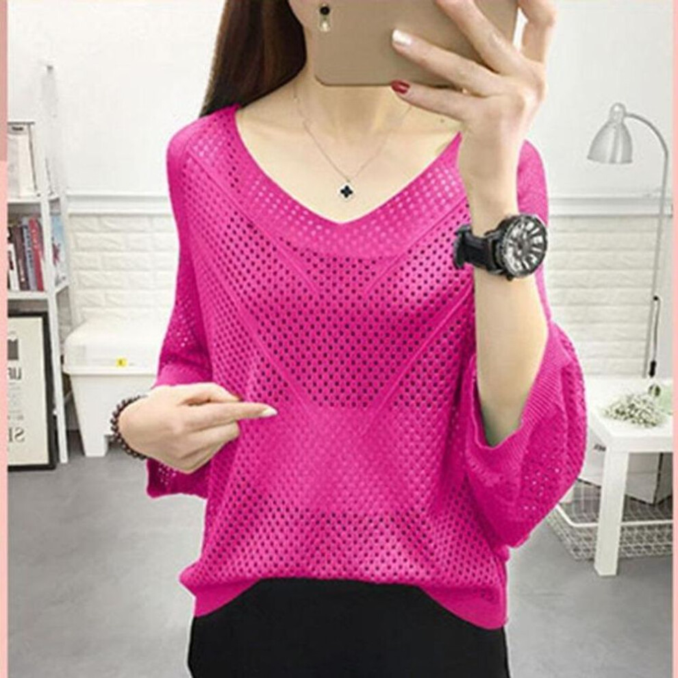 (M, rose red) Women's Hollowed Out Mesh Cover Ice Silk Knitted Sweater V-neck Loose Top Stylish New Summer Outfit