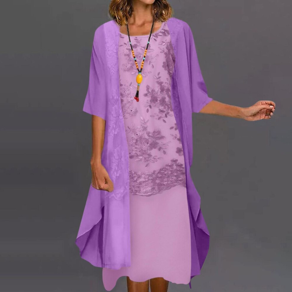 (purple, XXXXL) Women's Lace Print Cocktail Dress Festive Bridesmaid Wedding Midi Evening Dresses Sleeveless Vintage Tulle Cardigan